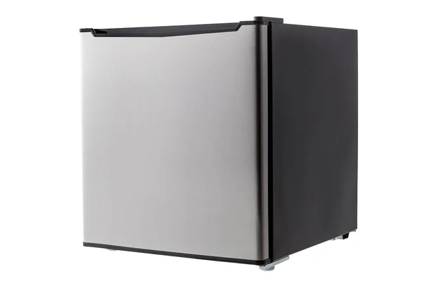Geschlossener Mini Kühlschrank Aus Edelstahl Und Schwarz Ausgeschnitten Auf Stockfoto