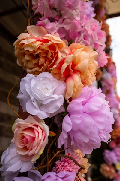 Assortiment de primulas printanières. lit de fleurs colorées avec des fleurs rouges, bleues, jaunes, roses — Photo