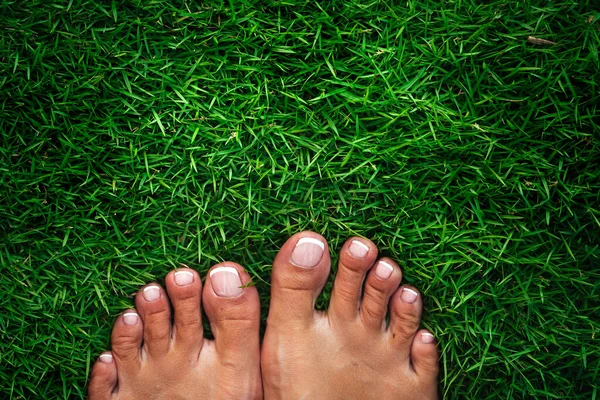 Las mujeres descalzas con manicura francesa sobre una hierba verde . — Foto de Stock