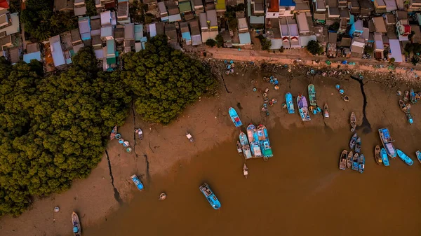 Phan Thiet fishing village on the river. Aerial view of colourful boats — Stock Photo, Image