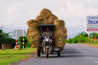 Dalat, Lam Dong, Vietnam - Temmuz 2020: Vietnamlı bir adam üç tekerlekli bir araçla saman yığınları taşıyor