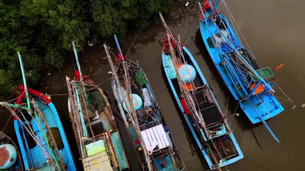 Вид с воздуха на красочные традиционные вьетнамские рыбацкие лодки на реке Меконг — стоковое видео