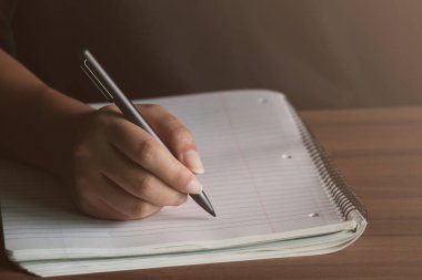 Not Defteri Günlüğü 'ne kalemle yazan bir adam iş yeri ve eğitim konseptinde, güneş ışığı geliyor, kapat..