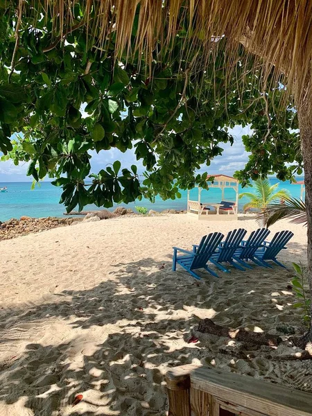 Blå Hav Och Strand Med Palmer Och Fåtöljer Strand Det — Stockfoto