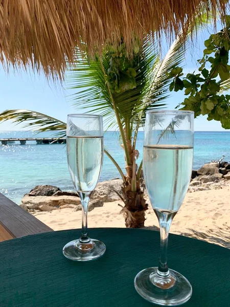 Oceano Blu Spiaggia Con Palme Nel Paese Tropicale Bicchieri Vino — Foto Stock