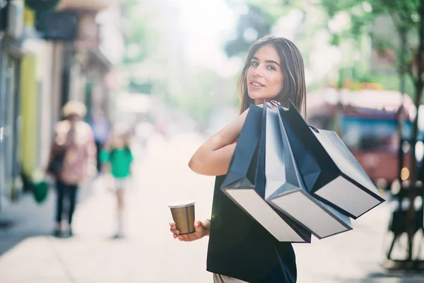 Portrait Woman Holding Paper Bags Coffee Street Shoping — Stock Photo, Image