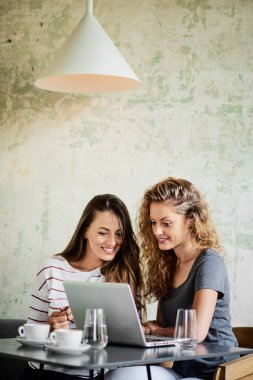 Kafede oturan ve hatta alışveriş için dizüstü bilgisayar kullanarak iki kadın. Su ve kahve kupaları tablo bardak.