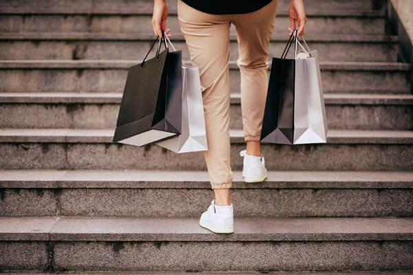 Close Woman Legs Climbing Stairs Hands Paper Bags Shopping — Stock Photo, Image