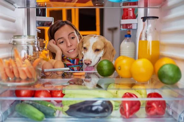 Mujer Perro Frente Nevera Tarde Noche Foto Tomada Desde Interior —  Fotos de Stock