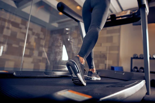 Close Woman Legs Running Treadmill Gym Interior — Stock Photo, Image