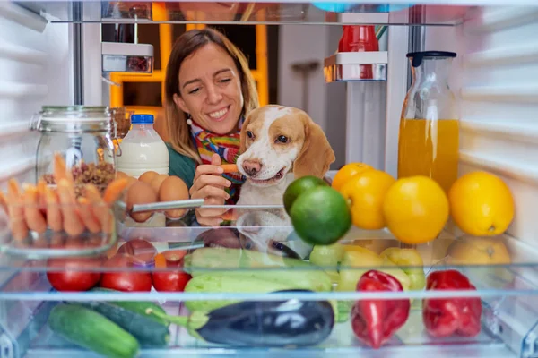 Frau Füttert Hund Während Sie Vor Kühlschrank Voller Lebensmittel Steht — Stockfoto