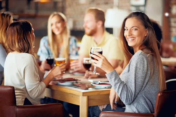 Woman Looking Camera Holding Glass Wine While Sitting Restaurant Background — Stock Photo, Image