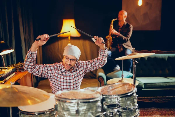 Two Men Playing Drums Saxophone Home Studio — Stock Photo, Image