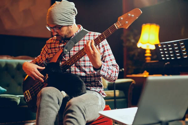 Giovane Bassista Caucasico Plaudire Suo Strumento Tenere Carino Piccolo Gatto — Foto Stock