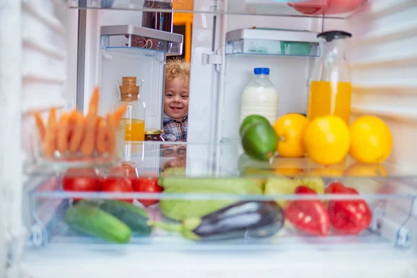 Toddler stealing food from fridge.  Picture taken from the inside of fridge.