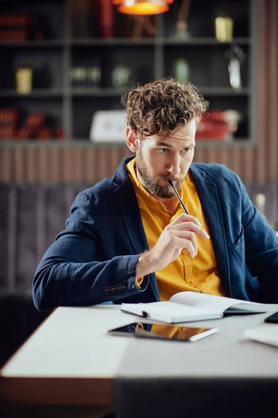 Jonge serieuze baard Kaukasische blogger gekleed slimme casual schrijven notities in de agenda en kijken naar laptop tijdens het zitten in cafetaria. — Stockfoto