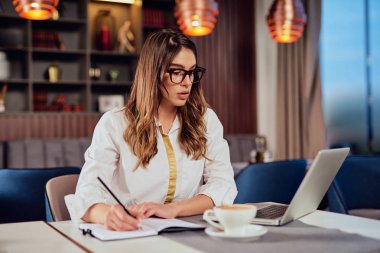 Young beautiful serious Caucasian brunette sitting at cafe and writing in agenda tasks. Remote business concept.