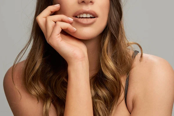 Cut out picture of brunette posing with hand on chin. Beauty photography. — Stock Photo, Image