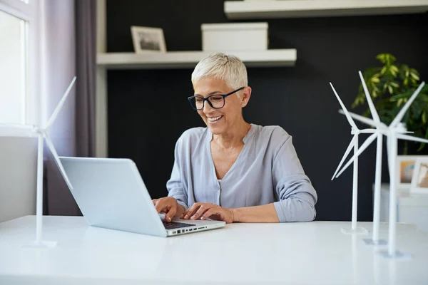 Preciosa sonriente mujer mayor caucásica sentada en la oficina y utilizando el ordenador portátil. Concepto sostenible . — Foto de Stock