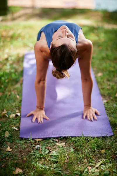 Adatto bruna caucasica facendo tavola inversa su tappetino in natura al mattino. Yoga concetto di pratica . — Foto Stock