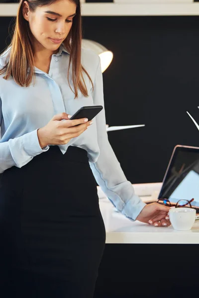 Vista trasera de la mujer de negocios caucásica sosteniendo el modelo de molino de viento y mirando los planos mientras está sentado en la oficina. Concepto de desarrollo sostenible . — Foto de Stock