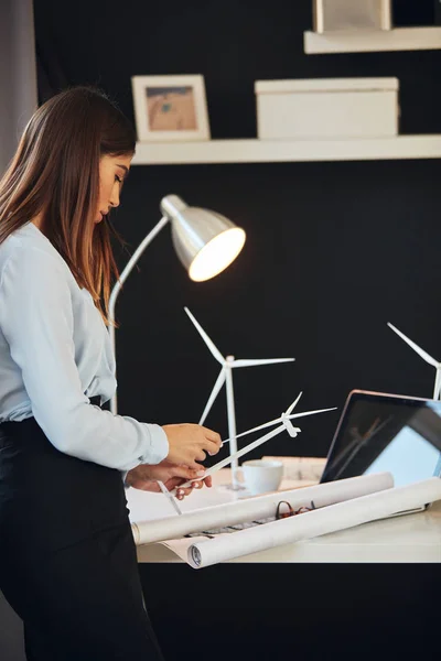 Atractiva mujer de negocios caucásica en falda y camisa de pie junto al escritorio, sosteniendo el modelo de molino de viento y mirando los planes. Concepto de desarrollo sostenible . — Foto de Stock
