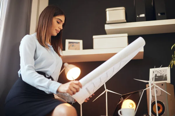 Atractiva mujer de negocios en camisa y falda sentada en el escritorio en la oficina y y planes. Concepto de desarrollo sostenible . — Foto de Stock