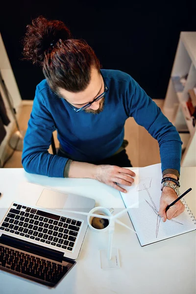 Aerial View Attractive Bearded Environmentalist Sitting His Office Drawing New — Stock Photo, Image