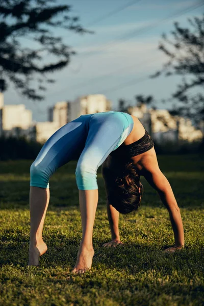 Atractiva Morena Parada Rueda Yoga Pose Descalza Prado —  Fotos de Stock