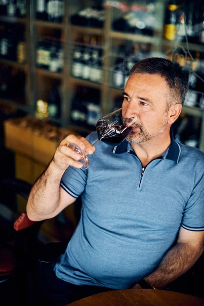 Yetişkin şarap tadımcısı şaraphanede oturup şarap tadıyor..