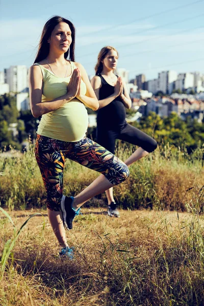 Dvě Atraktivní Mladé Těhotné Ženy Stojící Stromě Jóga Pozice Venku — Stock fotografie