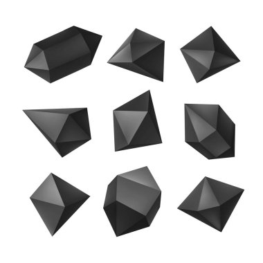Basit siyah 3D kristaller, mineral kaya, elmas şekil, soyut mücevher, sihirli kristal çizimler