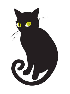 Yeşil gözlü siyah kedinin vektör çizimi, beyaz, minimalist tasarım üzerine izole edilmiş siluet