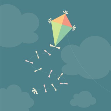 Koyu mavi bulutlu gökyüzünde uçan uçurtmanın renkli bir çizimi