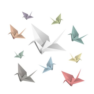 Origami vinç tasviri, Japonya 'da geleneksel sembol, beyaz arka planda katlanmış renkli kağıt simgeleri.
