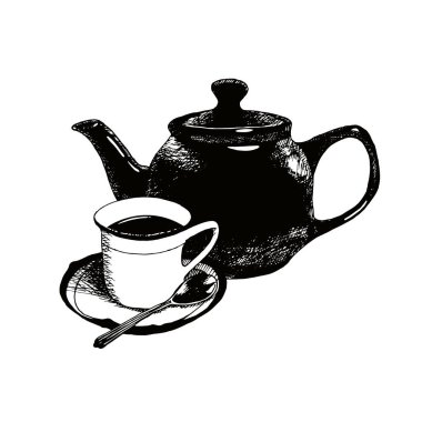 El yapımı çay demliği, kaşık ve çay tabağı.