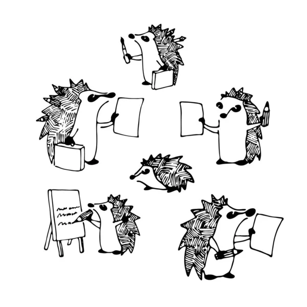 Illustration Hedgehogs Office School Linear Hand Drawing — Stock Vector