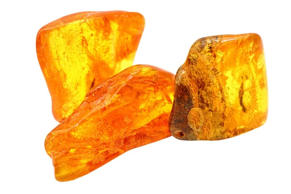 Tre Stycken Transparent Gul Bärnsten Vit Bakgrund Halvdyrbart Mineral Solsten — Stockfoto