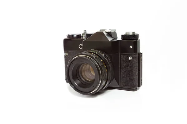 Vintage Filmkamera Fehér Háttérrel Fém Fényképezőgép Lencsével Fotózáshoz Ősi Kamera — Stock Fotó