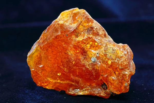 Yellow amber on a dark blue background. A piece of fossil ancient resin. Natural mineral for jewelry. Copal. Sun stone. Semi-precious crystal. Natural amber crust. Amber raw materials
