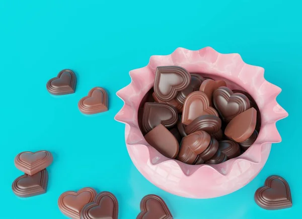 Milk and dark chocolate heart-shaped candies in pink vase on light blue background. 3d render