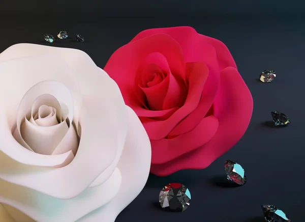 Roses and scattered diamonds on dark background. Design for Valentines, Mothers Day, birthday or wedding. 3d render