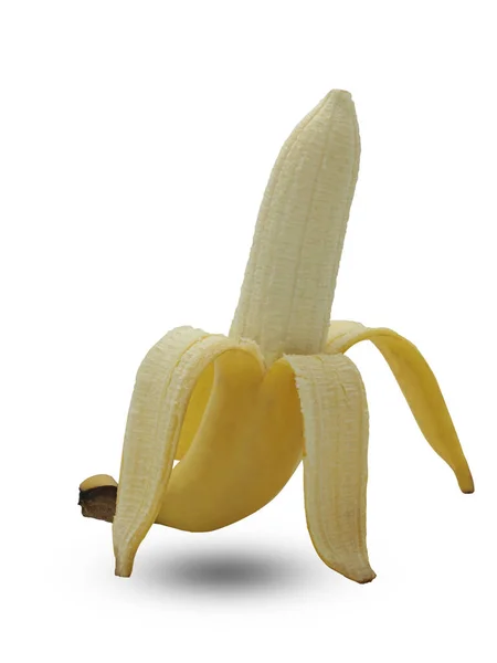Halb Geschälte Banane Isoliert Auf Weißem Hintergrund Mit Schneideweg — Stockfoto