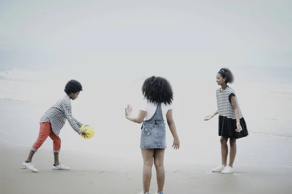 Şirin Çocuklar Kumlu Yaz Sahillerinde Mavi Denizle Birlikte Eğleniyorlar Mutlu — Stok fotoğraf