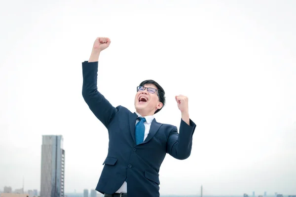 Cheerful Happy Achievement Successful Young Asian Businessman Suit Raising His Stock Picture