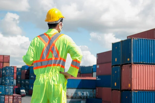 Πλάτη Του Εργαζομένου Φορώντας Ρούχα Ασφαλείας Κράνος Στέκεται Εμπορευματοκιβώτια Logistic — Φωτογραφία Αρχείου