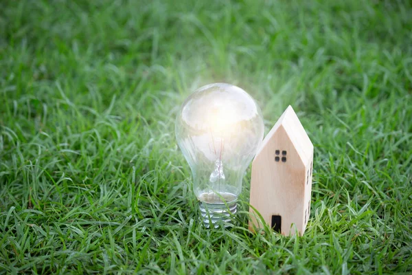 Wooden House Light Bulb Green Grass Energy Saving Using Renewable — Stock Photo, Image