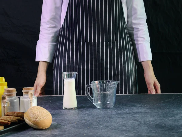 Bakery Man Standing Kitchen Home Ingredients Preparing Bread Dough Food — Stock Photo, Image