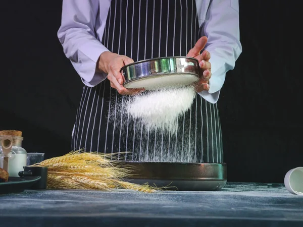 Bakery Man Sifting Flour Bowl Preparing Bread Dough Kneading Dough — Stock Photo, Image