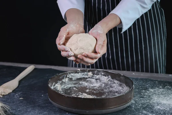 Hands Preparing Bread Dough Kneading Dough Hands Flour Splash Food — Stock Photo, Image